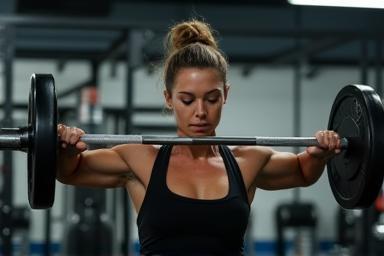 Person doing a workout, lifting weights in a gym