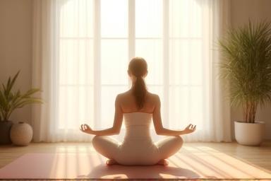Person meditating peacefully in a serene, sunlit room, practicing yoga