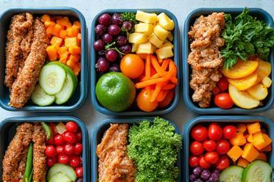 A vibrant display of healthy meal prep containers with fresh ingredients